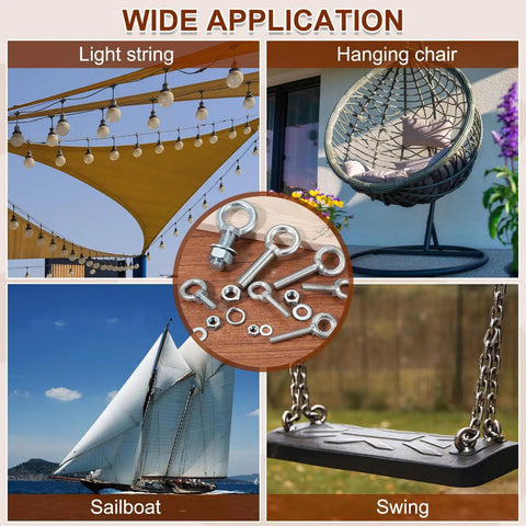 5 Pack M8 Galvanized Carbon Steel Eye Bolts Kit With Nuts Washers And Spring Washers For Tie Downs Indoors Outdoors Heavy Duty Beefy Lifting Rings Silver Ideal For Trailers Boats Rigs And Everyday Hardware Jobs in use for swing, sailboat, and hanging chair