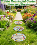 Make Your Own Outdoor Stepping Stones Kit With 3 Sets Of 10 Inch Molds, mosaic tiles, number stamps installed in a garden walkway