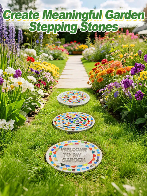 Make Your Own Outdoor Stepping Stones Kit With 3 Sets Of 10 Inch Molds, mosaic tiles, number stamps installed in a garden walkway