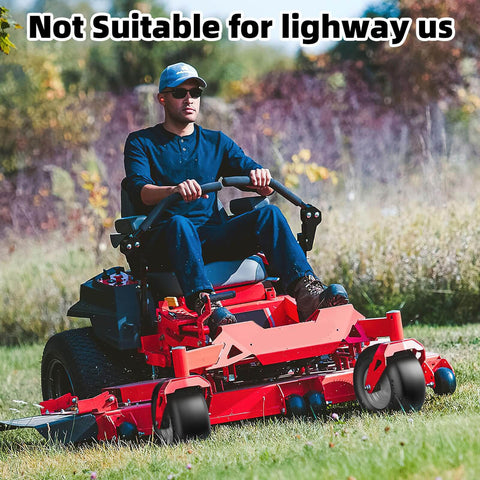 Man using red zero-turn mower on grass with Flat Free 13x6.50-6 Lawn Mower Tires and Wheel Set for Zero Turn Mowers