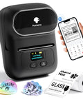 Bluetooth Portable Label Printer For Small Biz Fast Thermal Label Maker For Barcodes Addresses Clothing Pricing Mail Jewelry Cables And More Works With Phone And PC, shown with phone app and sample labels