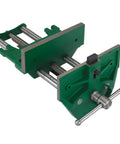 Heavy Duty Quick Release Bench Vise With Nine Inch Jaws And Front Lever For Zero Hassle Rapid Clamping showing green cast iron jaws and steel rods.
