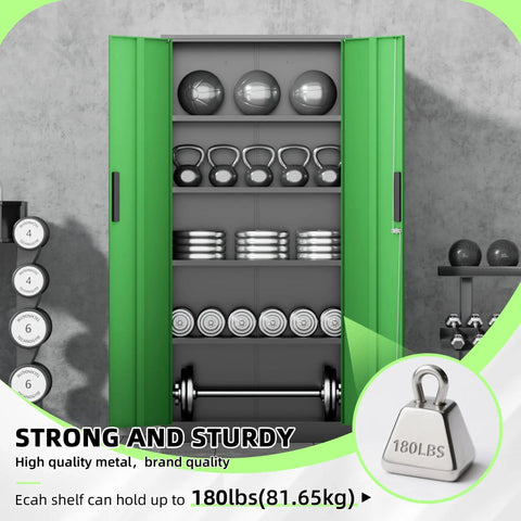 72 Inch Beefy Heavy Duty Metal Garage Storage Cabinet With 2 Locking Doors And 5 Adjustable Shelves 900 Lbs Max Load Rugged Steel Organizer For Home Office Or Workshop Black Green Finish featuring inside view with weights stored on shelves.