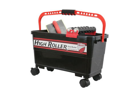 High Roller Grout Wash Bucket For Large Tile Jobs, 6 Gallon Capacity with handle, sponge attachment, and caster wheels