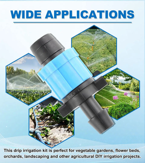 Fifty Piece Drip Irrigation Connector Kit For Five Eighth Inch Drip Tape Tubing, versatile applications in gardens and landscapes.