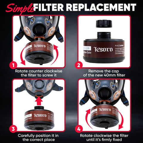 Step-by-step guide to replace 40mm filter on Full Face Respirator Mask With Anti Fog Seal Heavy Duty Air Filtration For Particulates And Vapors