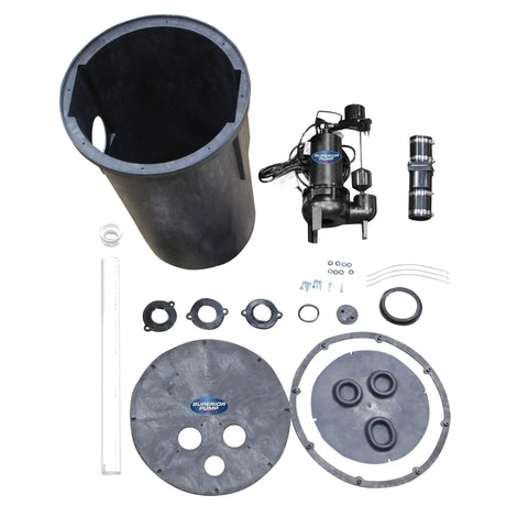 Built Tough 1/2 HP Cast Iron Sewage Pump System components including pump, basin, and accessories, 2 Inch Discharge And Vertical Float Switch