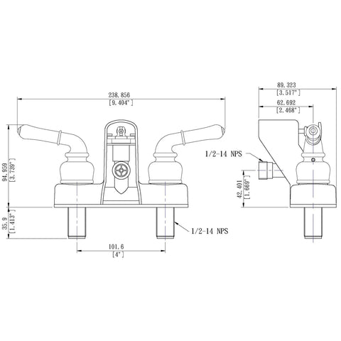 RV Shower Faucet Valve Diverter With Matching Go To Handheld Shower Set in Brushed Bronze Finish dimensions technical diagram