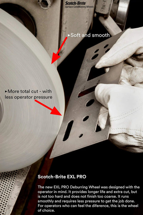 EXL PRO Deburring Wheel For Metal Finishing And Polishing, Unitized 6 In X 1 In X 1 In in use, smooth operation, metal part