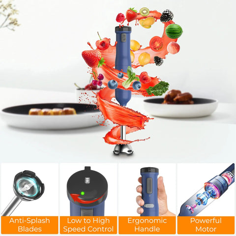 Cordless Rechargeable Immersion Hand Blender 6 In 1 Multi Function Kit blending fruit, with control features displayed below.