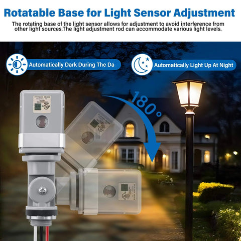 Two Pack Photocell Sensor For Outdoor Lighting, 120V AC, 50/60 Hz, IP54 Waterproof, shown with rotatable base in yard.