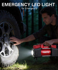 Man using Beefy 12V Double Cylinder Tire Inflator With Direct Drive Portable Air Compressor Pump Emergency LED Light 150 PSI Fast Inflation