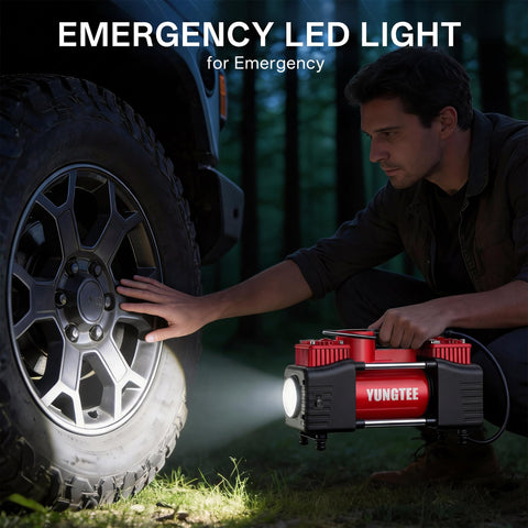 Man using Beefy 12V Double Cylinder Tire Inflator With Direct Drive Portable Air Compressor Pump Emergency LED Light 150 PSI Fast Inflation