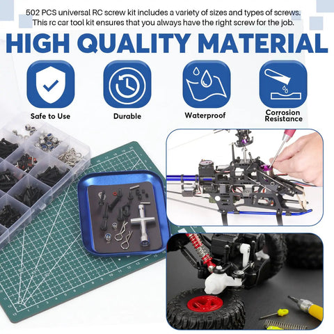 Universal RC Screw Kit 502 Pcs with hex screws, nuts, washers, and tools displayed on a mat for Traxxas Axial Redcat HPI Arrma Losi models