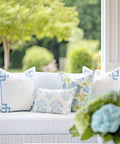 Coastal Throw Pillow Cover 20x20 Outdoor Indoor Ready For Patios And Couches With Baby Blue Embroidered Frame on sofa