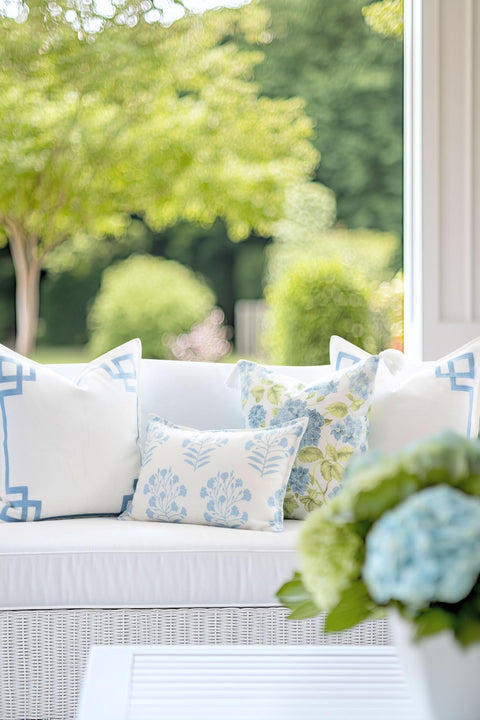 Coastal Throw Pillow Cover 20x20 Outdoor Indoor Ready For Patios And Couches With Baby Blue Embroidered Frame on sofa