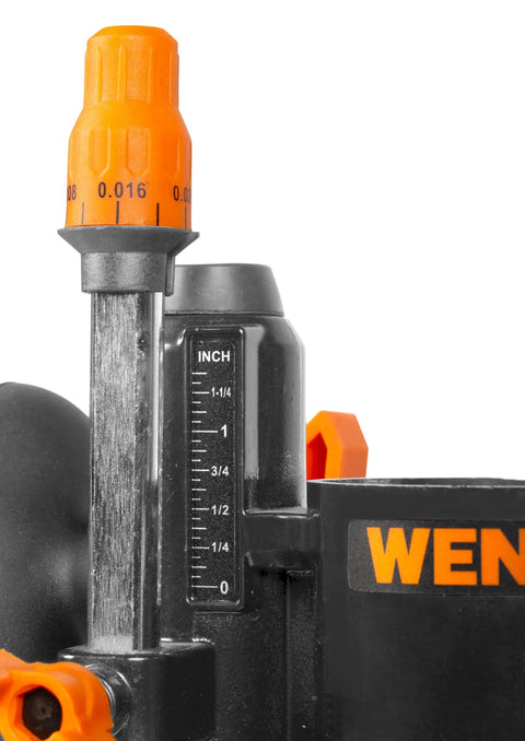 Close-up of Plunge Base Kit for Compact Trim Routers with Die Cast Construction depth gauge and handle detail