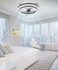 20 Inch Low Profile Ceiling Fan With Lights And Remote Bladeless Modern Oscillating Dimmable LED Stepless Color Change Six Speeds Quiet Energy Efficient Cool White Finish For Living Rooms installed in a modern bedroom.