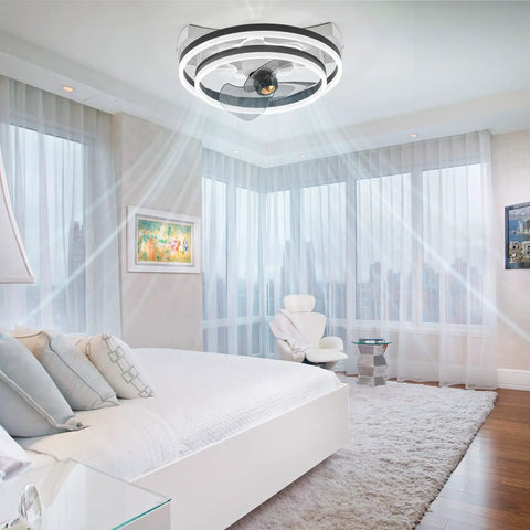20 Inch Low Profile Ceiling Fan With Lights And Remote Bladeless Modern Oscillating Dimmable LED Stepless Color Change Six Speeds Quiet Energy Efficient Cool White Finish For Living Rooms installed in a modern bedroom.