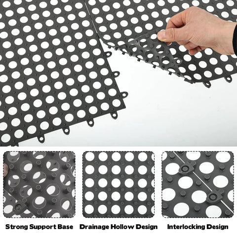 50 Pack Interlocking Drainage Mats 11.8 By 11.8 Inches Non Slip TPE Floor Tiles With Drain Holes For Bathroom Kitchen Patio Pool Deck And Garage No Brainer Easy Splice Cushioned Anti Fatigue Surface, showing hand interlocking gray tiles.