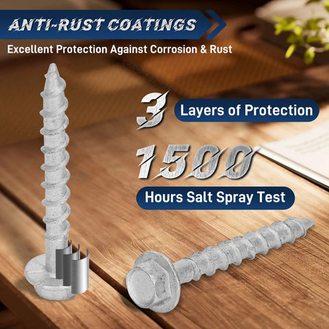 Heavy Duty Galvanized Joist Hanger And Decking Screws For Framing Nine By One And A Half Inch Self Tapping Wood Screws With Hex Socket Zinc Plated Steel For Rust Resistance 1500 Hours Salt Spray Tested