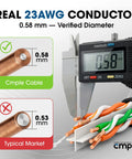 Digital caliper measuring Cat6 Ethernet Cable 1000ft Bulk LAN Wire 23AWG UTP CMR Riser 10Gbps 550MHz Pull Box Black with 0.58 mm diameter