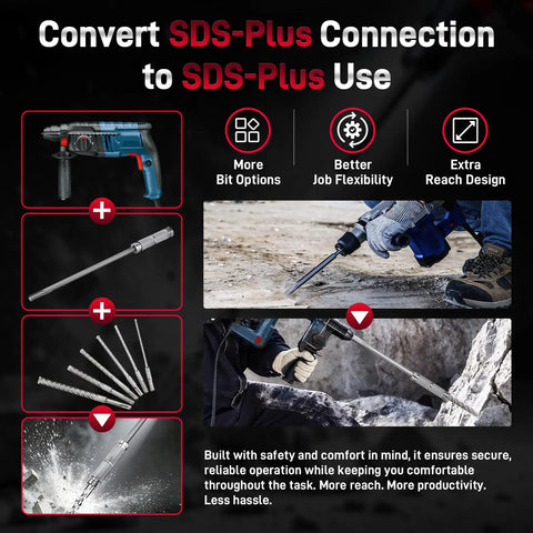 Built Tough Workhorse Sds Plus To Sds Plus Extension Shaft With 10 Inch Rotary Hammer Adapter and Beefed Up Steel Lock Ring for Punching Straight Through Concrete, showcasing various tool components