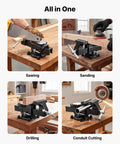 Built Like A Tank Heavy Duty Bench Vise With 4 Inch Ductile Iron Jaws And Full Rotary Swivel Base Featuring Rugged Anvil Top in action for sawing and drilling.