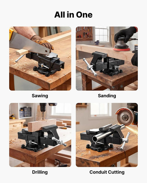 Built Like A Tank Heavy Duty Bench Vise With 4 Inch Ductile Iron Jaws And Full Rotary Swivel Base Featuring Rugged Anvil Top in action for sawing and drilling.