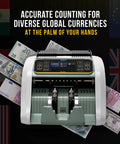 Top Shelf Bill Counter Machine With Lightning Fast Sorting Mixed Denomination Handling LCD Screen Smart Counterfeit Detection for easy global currency counting.