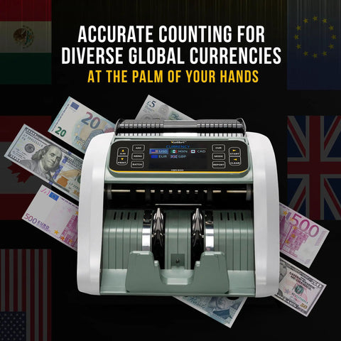 Top Shelf Bill Counter Machine With Lightning Fast Sorting Mixed Denomination Handling LCD Screen Smart Counterfeit Detection for easy global currency counting.