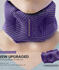 Super Comfy Adjustable Blow Up Neck Pillow For Travel With 360 Degree Neck Support Ideal For Planes Cars Trains Buses Offices Or Homes Compact Portable Pillow For Sleep Or Naps Purple shown worn around neck