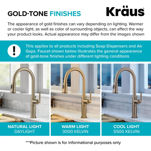 Comparison of Oletto Single Handle Kitchen Bar Faucet With QuickDock Top Mount in natural, warm, and cool light settings.
