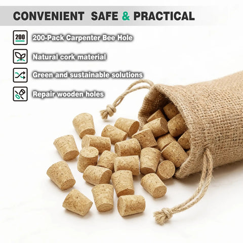 Carpenter Bee Corks 200 Pack For Holes 9-13 Mm Easy To Insert Durable Outdoor Wood Repair in burlap bag on white background