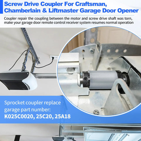 Screw Drive Coupler for Garage Door Opener Systems, installed view, aluminum sprocket replacement, fits 25C20 25A18