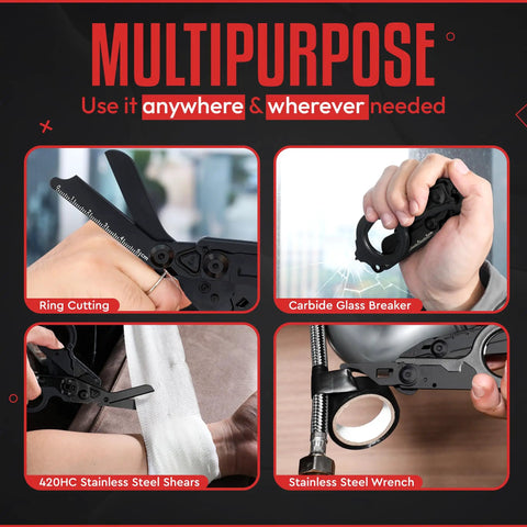 Heavy Duty 6 In 1 Trauma Shears Emergency Scissors With Holster For Camping And Rescue Go To Glass Breaker Strap Cutter Stainless Steel Foldable Scissors Pliers in use
