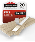 Heavy Duty No Sweat Adhesive Felt Furniture Pads, 20 Pack Of 6 Half Inch Non Scratch Strips on packaging with self-stick backing.