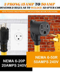 10 Ft Welder Adapter Cord 6-20P to 6-50R 20 Amp To 50 Amp 3 Prong Cable ETL Listed STW 10 AWG with plugs and outlet
