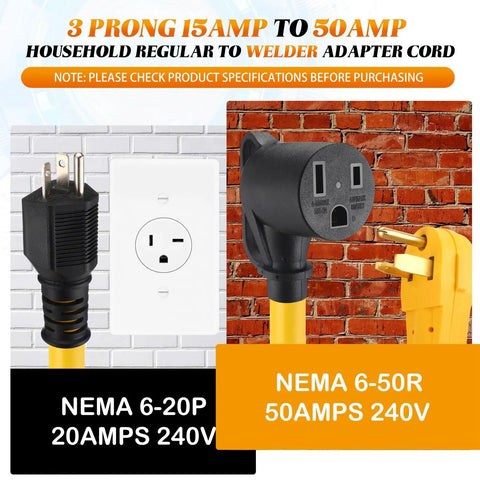 10 Ft Welder Adapter Cord 6-20P to 6-50R 20 Amp To 50 Amp 3 Prong Cable ETL Listed STW 10 AWG with plugs and outlet