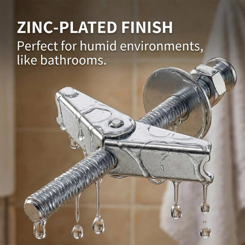 Heavy Duty Carbon Steel Toggle Bolts Wall Anchors Kit With Anti Spin Design for bathrooms showcasing zinc-plated finish with water.
