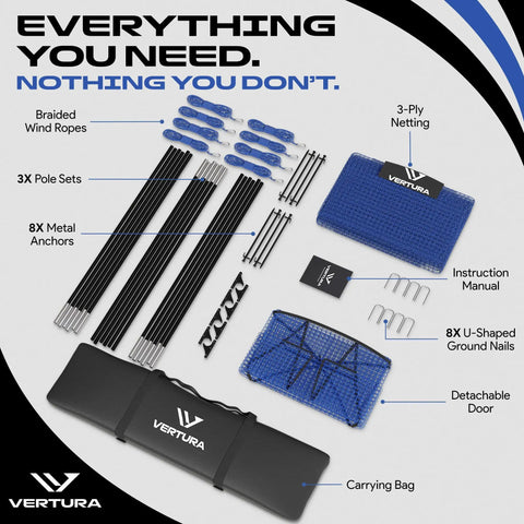 Components of 22 Ft By 12 Ft By 8 Ft Baseball And Softball Batting Cage With Easy Setup Includes pitching machine hole and carry bag