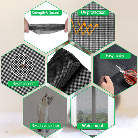 Pet Proof Window Screen Replacement Kit 39x118 Heavy Duty PVC Coated Polyester Mesh features and uses collage