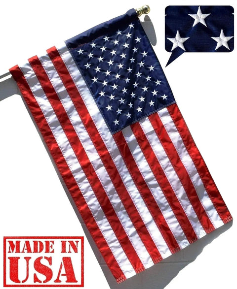 2.5 By 4 Foot All American Flag With Pole Sleeve And Leather Tab Embroidered Stars Sewn Stripes Outdoor SolarMax Nylon Durable 200 Denier Made In America Outdoor Rated