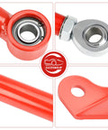 64 Inch Maverick X3 Rear Radius Rods Beefed Up Upgrade Kit Heavy Duty Red Steel Straight Arms For Maximum Ground Clearance And Stability Bolt On Fit For 2017 To 2023 X3 Turbo Turbo R RR MAX 6 Piece Set close-up of red steel rod ends and mounting holes
