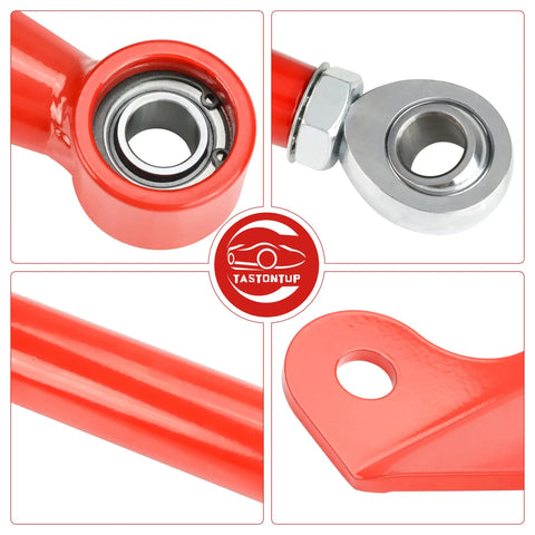 64 Inch Maverick X3 Rear Radius Rods Beefed Up Upgrade Kit Heavy Duty Red Steel Straight Arms For Maximum Ground Clearance And Stability Bolt On Fit For 2017 To 2023 X3 Turbo Turbo R RR MAX 6 Piece Set close-up of red steel rod ends and mounting holes