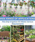 65 Foot Drip Irrigation Kit With Quick Connect Micro Mist No Fuss Watering System installed in various garden settings
