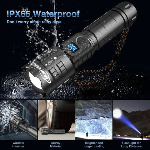 Rechargeable LED Flashlight Beast Mode 250000 Lumens With LCD Display, IPX65 waterproof, images showing versatility and brightness.