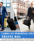 Men carrying Carry On Duffel Bag For Air Travel And Personal Item, Weekender Tote That Fits In The Cabin Or Locker, 16 Inch Black