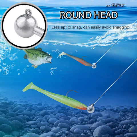 Image showing 25 Pack 3/16 Oz Barb Jig Head Hooks With Knockout Sharp Blood Grooved Points, used with lures in water.