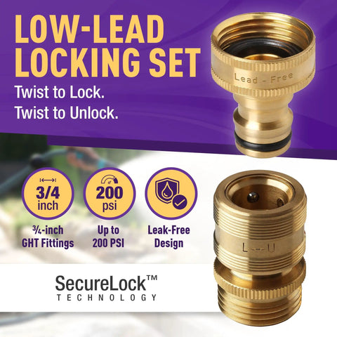 Easy Connect Low Lead Locking Garden Hose Quick Connect Fittings 3/4 Inch GHT Solid Brass Leak Proof Up To 200 PSI Built Tough Heavy Duty Set